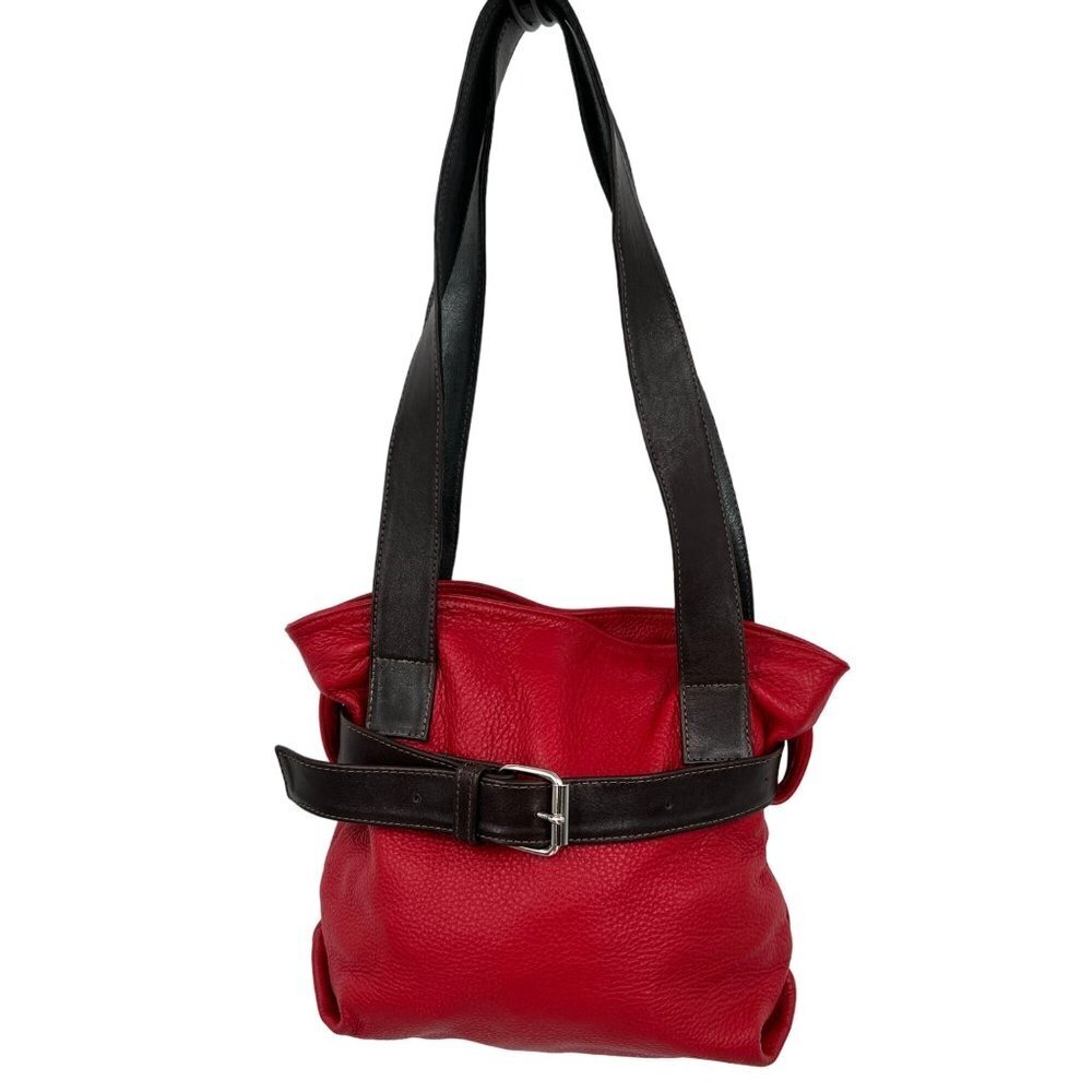Village Tannery Lipstick Red‎ Leather Double Handle Shoulder Bag with Belt